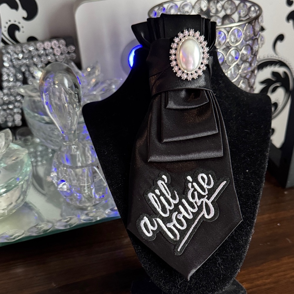 Black Satin Brooch Tie with Pearl Crystal Accent - "a lil' bougie"